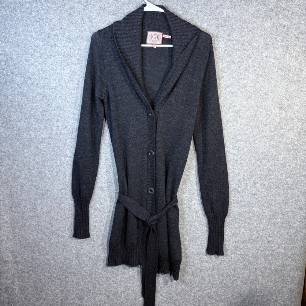 Juicy Couture Charcoal Gray Belted Shawl Collar Cardigan Sweater 100 Lambs Wool